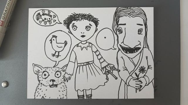 Black and white line drawing. Two people and a hairy cat like creature with big eyes. The cat like creature has a speech bubble containing a chicken. One of the people has short hair and a wistful expression, and one of her hands is a flower. Her speech bubble contains a fish and hearts. The other person has jagged teeth and tiny eyes, but they look well meaning. They're wearing a nightgown and holding a flower. Their speech bubble contains a dot.