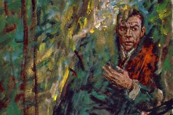 1965 The Forest Painting

A vibrant oil painting depicting a man in a forest.
The artwork is rich with greenery and the artist has used a mix of brushstrokes to bring depth to the scene.
The subject stands near a tree, perhaps taking a moment for reflection or observation of his surroundings.
The background is filled with foliage and trees, creating an immersive natural environment.