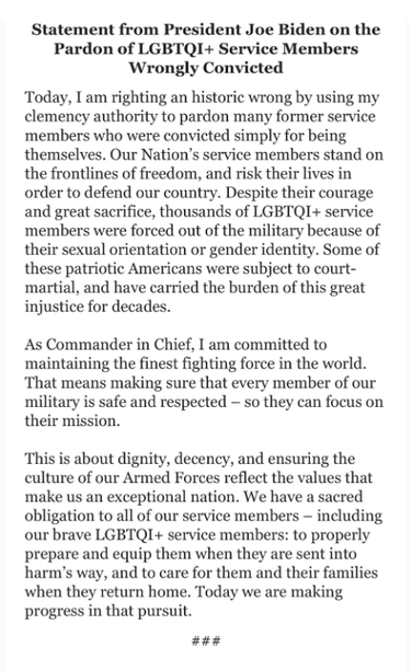 An excerpt from a speech by Joe Biden where he explains his pardons for decades of U.S. military and service members who had been wrongly discharged and/ or convicted for being LGBTQI+.