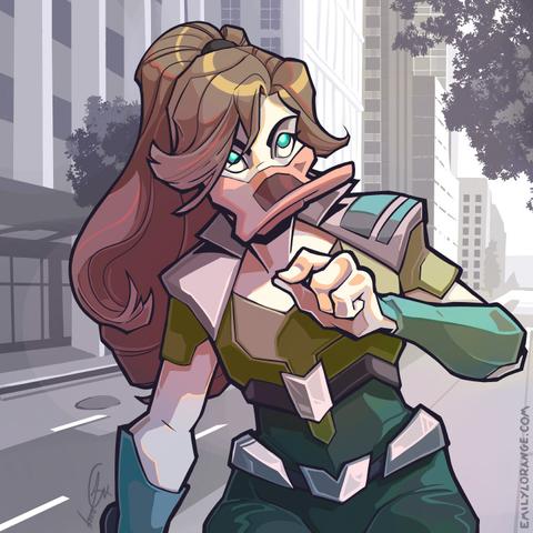 a digital drawing of an anthropromorphic duck standing on an empty city street. on the far side of the street behind her can be seen several tall, nondescript buildings, in shades of gray. She is seen from about the hips up, and seems to be looking upwards, to the top right corner. She has color, compared to the background, though it is on the desaturated side. She's wearing body armor in shades of green, and has long blond hair up in a pony tail. The most saturated color in the image is her eyes, which are sky blue.