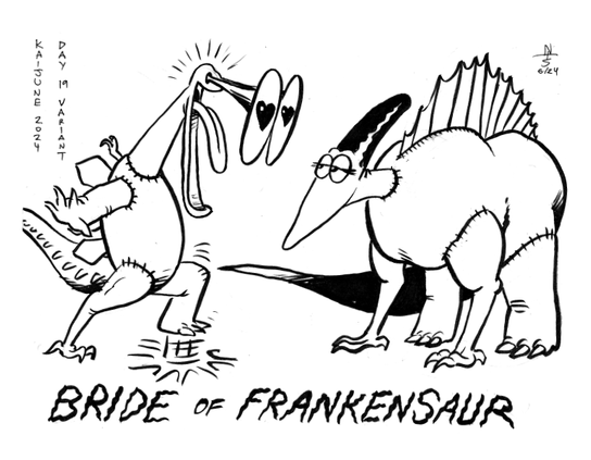 cartoony drawing entitled "Bride of Frankensaur." A monster made of of mismatched dinosaur parts is having a Tex Avery Wolf-style reaction to another mismatched dinosaur parts monster