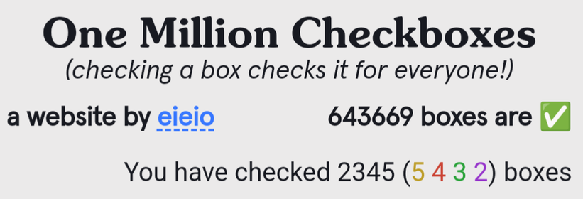 Screenshot of the "One Million Checkboxes" website with text saying "You have checked 2 3 4 5 (5 in yellow, 4 in red, 3 in green, 2 in purple) boxes