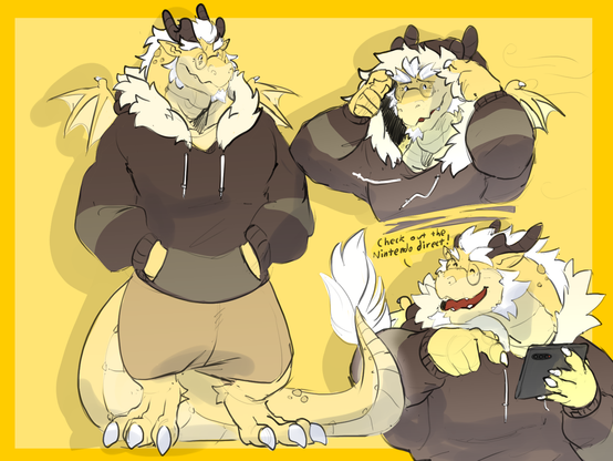 A series of three images of a yellow dragon in a big fluffy hoodie and khaki shorts. The first image he is just standing there.... Menacingly cute. In the second image it's a headshot of him lifting up the hood for it is chilly. In the third image he is excited to show you the Nintendo direct on his phone!