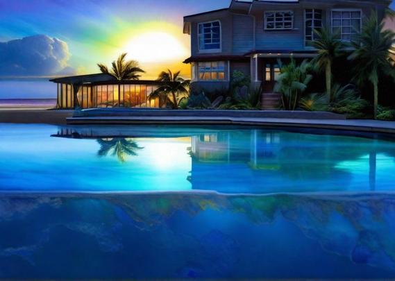 Sunset light pouring through the glass walls of a sun room attached to an inviting two story beach house with tropical greenery and palm trees. Vivid blue hues predominate in sea, sky, and shadows.
