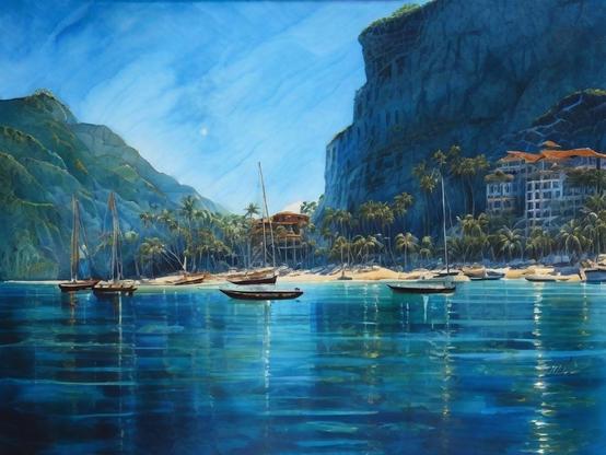 Harbor of a tropical resort area with sailboats anchored on crystal-clear water, with hotel buildings, rocky cliffs, and lush palm trees by a beach on a sunny day.