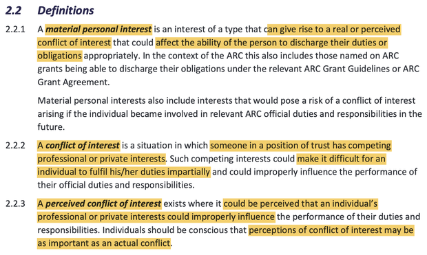 Excerpt from Section “2.2 Definitions” of the ARC Conflict of Interest and Confidentiality Policy. The screenshot shows highlighted portions show definitions of “material person interest”, “conflict of interest” and “perceived conflict of interest”.