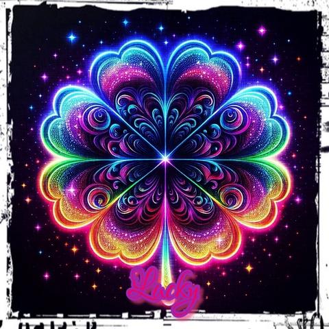 Alt text by Bing:
The image depicts a vibrant digital artwork with a symmetrical, kaleidoscopic pattern resembling a flower or butterfly. The design features multiple layers of petals or wings in shades of blue, purple, pink, and green, outlined in neon-like glow. Against a black background sprinkled with white stars, the word “Lucky” appears in cursive pink letters at the bottom center.