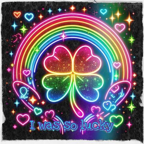 Alt text by Bing:
A colorful graphic featuring a large four-leaf clover in the center, adorned with a rainbow and glittery effects. Surrounding the central design are smaller hearts, stars, and musical notes in bright colors against a black, grunge-textured background. The phrase ‘I was so lucky’ appears at the bottom.