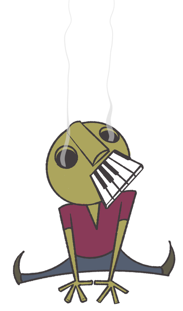A cartoon doll-like character with piano keys coming out of their mouth and smoke rising from hollow eye sockets.