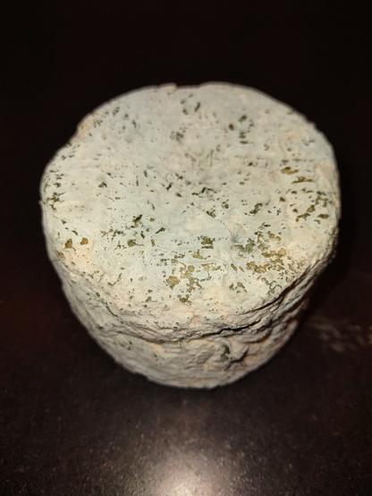 a wheel of homemade blue cheese, made with goat milk