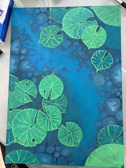 Work in progress painting of a stick figure dragon under water, no dragon yet