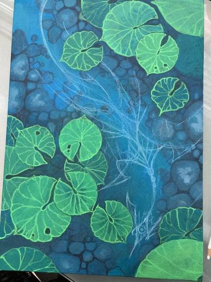 Work in progress painting of a stick figure dragon under water