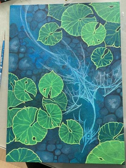 Work in progress painting of a stick figure dragon under water