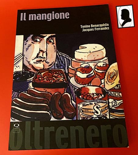 La foto ritrae la copertina del libro con un disegno che riproduce un uomo obeso che osserva rabbioso i numerosi alimenti dentro al suo frigorifero.