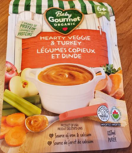 BabyGourmet pouch of hearty veggie & turkey puree.