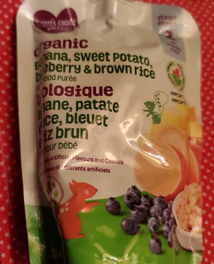 Parents Choice pouch of banana, sweet potato, blueberry & brown rice puree, baby food.