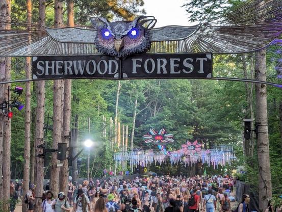 A metal sign with an owl head sculpture that reads 'Sherwood Forest' hangs above a path with many festivalgoers walking underneath.  In the background you can see brightly colored pieces of cloth in a start shape and many hanging metal tubes.