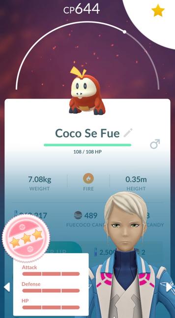 Screenshot from Pokémon GO showing a Hundo Fuecoco nicknamed Coco Se Fue.