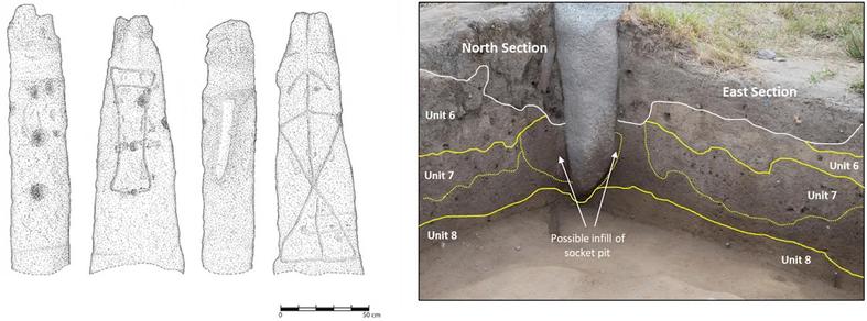statue-menhir Cruz de Cepos : 4 sketches of profiles and rock art, annotated photo of excavation sections