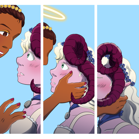 Sequence of 3 panels. Two woman look at each other with s sensual gaze. One, who has dark skin and a halo, touches the cheek of the other. The other, who has pink skin and thick dark red horns closes her eyes on the third panel and leans forward so that her nose and lips are not visible.