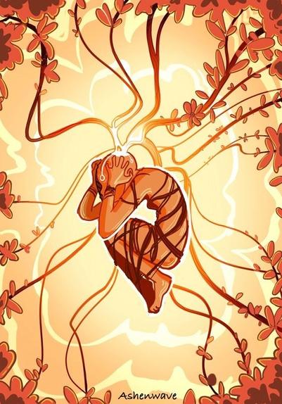 Digital illustration of a human figure in fetal position, clutching their head. Branches burst from the top of their head, adorned with red leaves and flowers.