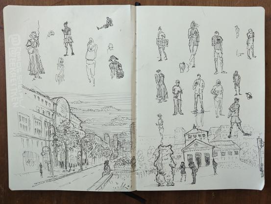 Black ink on paper


Drawings of various standing people and 2 urban landscapes.

Cityscape on the left: a large building (the KaDeWe, a large luxury department store) with a wide sidewalk , on which the outlines of people are indicated. Beides it the street, on the right an elevation on which a person is sitting. In the background are skyscrapers, a church and the sky with clouds.

On the right page a drawing of a station building, in front of it a large bear that people are photographing. Skyscrapers in the background.

Translated with DeepL.com (free version)