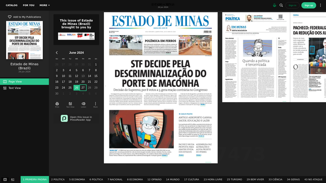Print mostrando tela de acesso ao jornal Estado de Minas, há um calendário para selecionar o dia à esquerda; à direita, sua primeira página com a notícia em destaque "STF decide pela descriminalização do porte de maconha", abaixo em outra seção, uma ilustração do Menino Maluquinho, de Ziraldo.