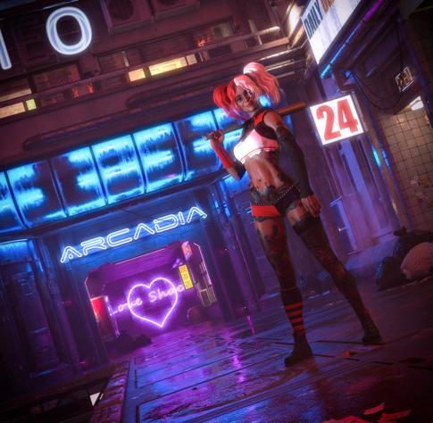 Description by ChatGPT: The image is a vibrant 3D render of Harley Quinn, set in a neon-lit, futuristic cityscape. Harley Quinn stands confidently in the foreground, holding a baseball bat over her shoulder. She has her signature twin pigtails, colored red and pink on one side and white on the other. Her outfit is provocative and punk-inspired, consisting of a cropped white top, studded black shorts, and fishnet stockings. She has various tattoos on her exposed skin, enhancing her rebellious look.

The background is a bustling urban alley filled with neon signs and vibrant lights. Above her head, a bright blue neon sign reads "ARCADIA," while further back, a pink neon heart with the words "Love Shack" glows brightly. The buildings around her are adorned with additional neon signs and graffiti, contributing to the gritty, cyberpunk atmosphere.

The ground is wet, reflecting the colorful lights from the signs, adding to the immersive and dynamic feel of the scene. Harley's pose is confident and playful, with a hint of menace, capturing her chaotic and unpredictable nature. The overall scene is a blend of vibrant colors, detailed textures, and a lively, urban environment, perfectly encapsulating the character of Harley Quinn in a futuristic setting.