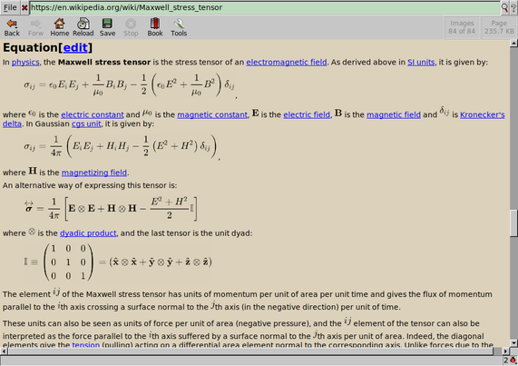 Maxwell stress tensor equations from the Wikipedia rendered in Dillo.