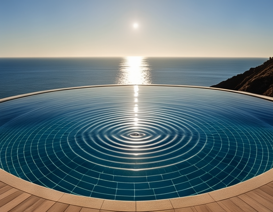 A round infinity pool with circular ripples  overlooks the ocean near sunset.