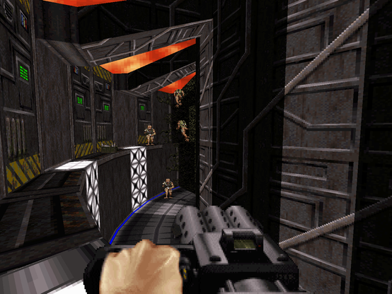 Screenshot from the Lunatic Fringe level of Duke Nukem 3D. Player is holding a chaingun cannon and there are several enemies on screen.