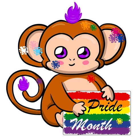 The image shows a digital drawing of the Open Security Conference mascot named Osco. They are a medium brown monkey with a purple flame on top of their head and at the tip of their tail, as well as bright, purple eyes. Osco is sitting on the ground and smiling at us with rosy cheeks while holding a sign colored as a rainbow flag that shows the words "Pride Month". Osco has splatters of various colors on them, including light blue, light pink, and white.