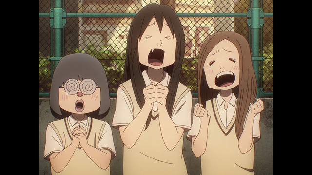 Three anime schoolgirls, the middle one has a fang
