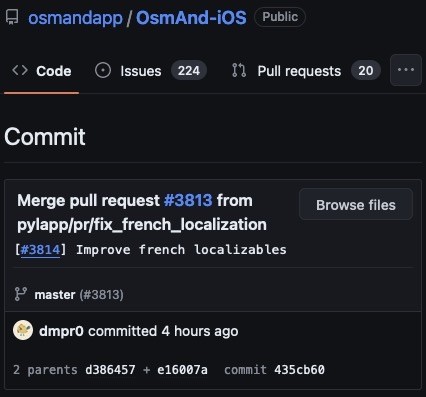 Screenshot of a commit on GitHub, showing a merged pull request (#3813) to improve French localizables in the OsmAnd-iOS repository. The pull request has been accepted on the master branch (issue #3814) and has been created and provided by pylapp user.