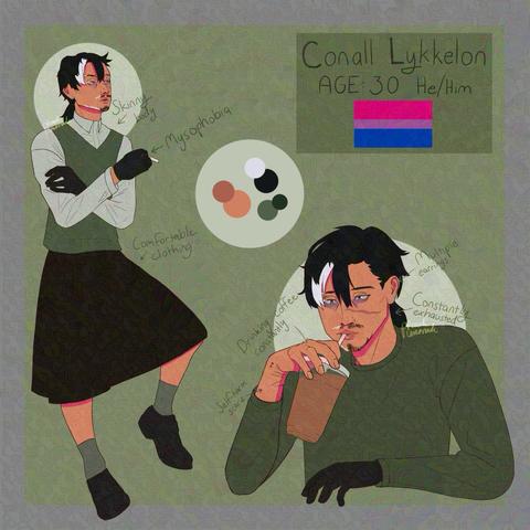 Character sheet of a man wearing a dress on the left side and the same character drinking coffee on the other side.