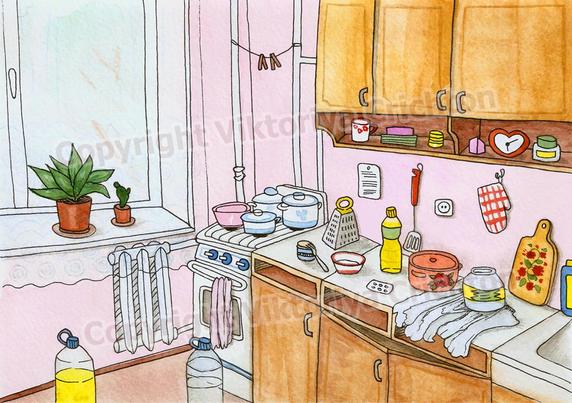 Sketch interior illustration 16. Kitchen, naive art. Watercolor and liner. Naive perspective, sketchbook.