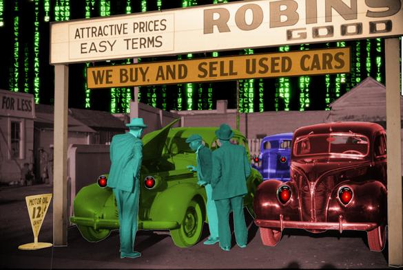 A Depression-era photo of a used car lot with three cars for sale. It has been hand-tinted. The sky has been replaced with a 'code waterfall' effect as seen in the credit sequences of the Wachowskis' 'Matrix' movies. All of the car headlights have been replaced with the hostile red eye of 'HAL 9000' in Kubrick's '2001: A Space Odyssey.'


Image:
Cryteria (modified)
https://commons.wikimedia.org/wiki/File:HAL9000.svg

CC BY 3.0
https://creativecommons.org/licenses/by/3.0/deed.en