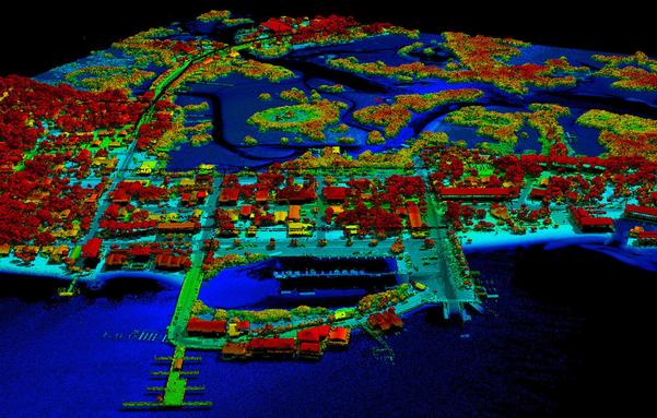 model / map / 3D graphic - point cloud representation of a coastal area with docks and buildings, etc