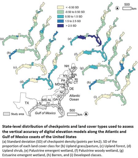 map(s) - State-level distribution of checkpoints and land cover types used to assess the vertical accuracy of digital elevation models along the Atlantic and Gulf of Mexico coasts of the United States.