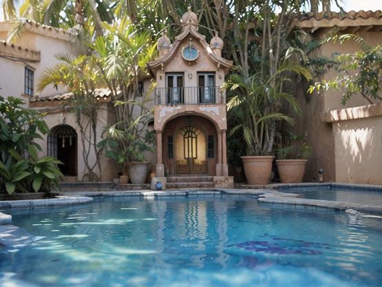A fantasy style time traveler's house with an ornate doorway and small balcony overlooking a clear blue swimming pool, surrounded by prehistoric plants and large terracotta pots on a sunny day.
