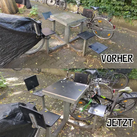 Ein geteiltes Bild. Oben ein Foto mit der Beschriftung "Vorher": Ein Picknicktisch, vermutlich aus den 70er-Jahren, mit Metallgestell, 4 Sitzen und Tischplatte aus Beton ist etwas ramponiert: Rückenlehnen sind verbogen, eine Sitzfläche fehlt und die Tischplatte zeigt auch deutliche Abnutzung.

Unten ein Foto mit der Aufschrift "jetzt". Die Rückenlehnen sind gerade, die Tischplatte hat nun eine neue Holzoberfläche und der fehlende Sitz wurde ersetzt.