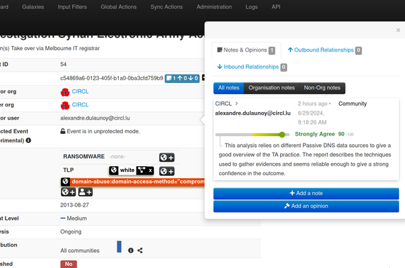 An opinion example on a MISP event expressed with the new format.