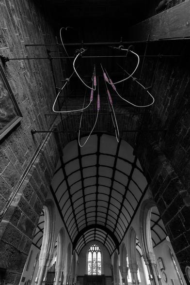 Photo taken in a nearby village church, using my super-wide-angle lens, which I angled up to show the bell ropes,which were above my head, and the nave and altar. I gave the photo a colourpop treatment, with only the sallies (the fluffy bits) on the ropes shown in colour.