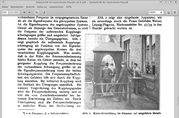 Ausschnitt aus der historischen "Zeitschrift für technische Physik" zeigt einen Metalldetektor in Röhrentechnik und seine praktische Anwendung