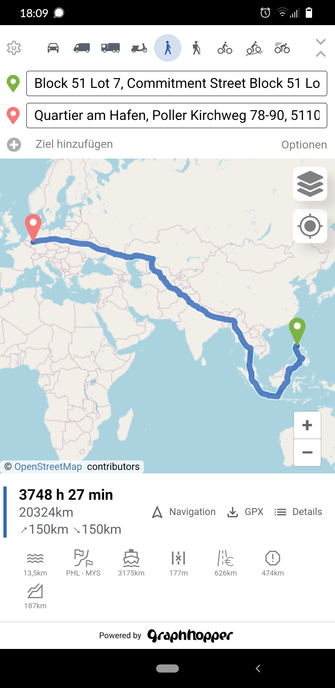 Weltkarte mit eingezeichneter Wanderroute von Köln bis auf die Philippinen