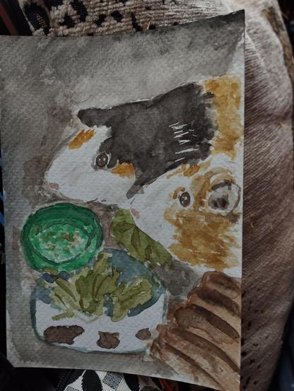 Aquarelle de deux cochons d'inde qui mangent de la salade