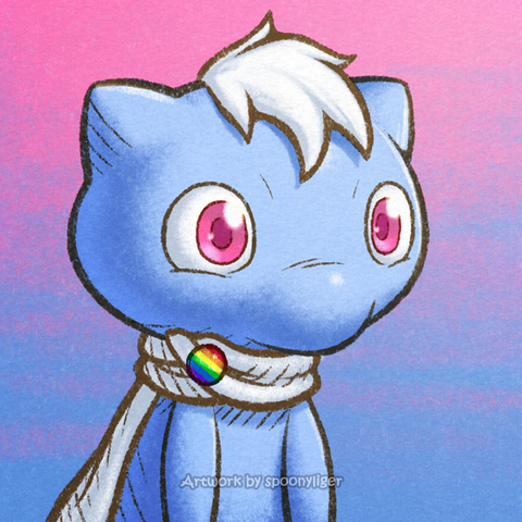 Digitally handmade profile artwork of an original character based on the Pokémon, Mew facing forward towards the right side of the image at a 3/4 angle with a neutral facial expression on a pink-to-blue gradient background.