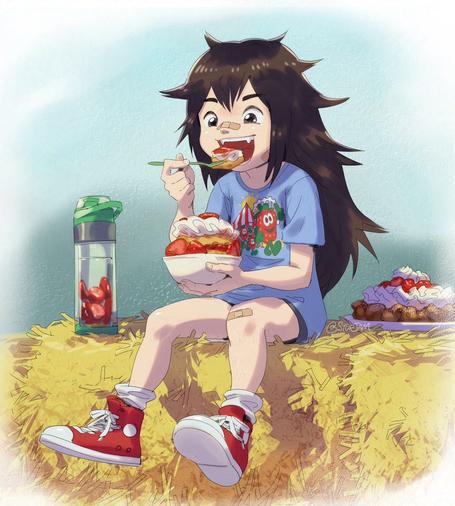 some small child with really messy hair sits on a haybale and eats strawberry shortcake. there's some other strawberry food like infused water and funnel cake around.
