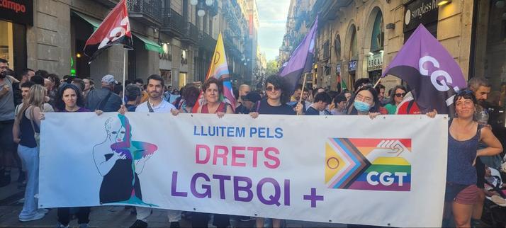 Foto de la manifestació de l'orgull crític. Es veu en primer pla la pancarta de la CGT, que diu:
LLUITEM PELS DRETS LGTBQI+