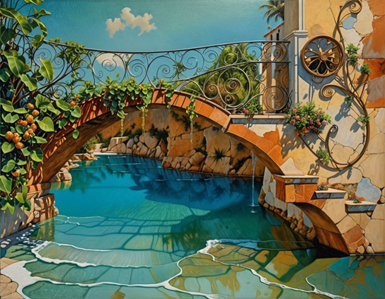 A stone bridge covered in greenery, with a decorative railing, arches over a clear blue ocean inlet, with rocky cliffs visible underneath, under a sunny sky.
